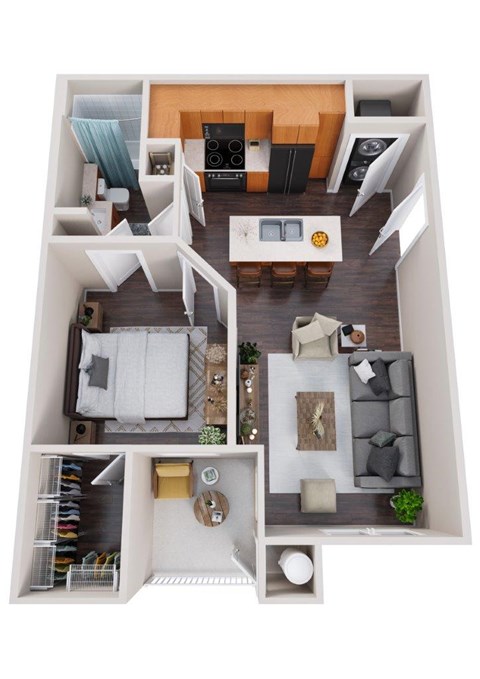 A top-down view of a well-organized apartment with a living area, kitchen, and bedroom.